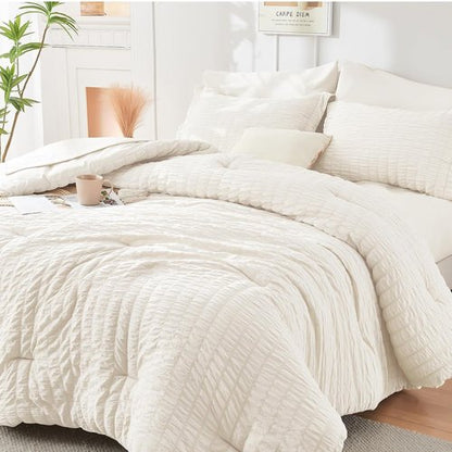 HYMOKEGE Ivory California King Comforter Set - 7-Piece All-Season Luxury Bedding Ensemble