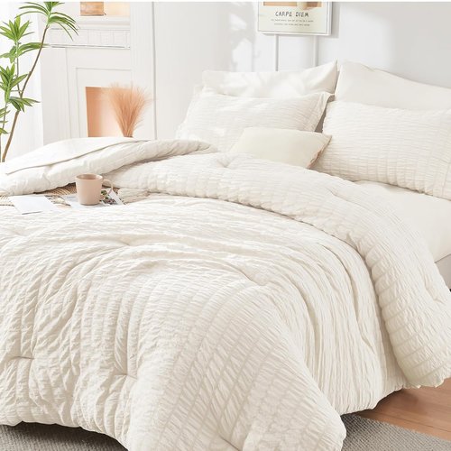 HYMOKEGE Ivory California King Comforter Set - 7-Piece All-Season Luxury Bedding Ensemble
