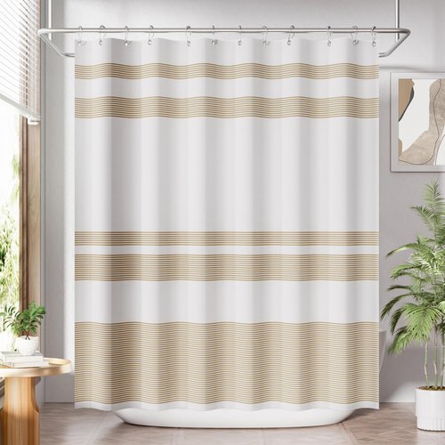 AmazerBath Shower Curtain, 72x72 Washable Cloth Neutral Light Tan Shower Curtain with 12 Hooks, Fabric Khaki and White Striped Set, Farmhouse Bathroom Shower Curtain