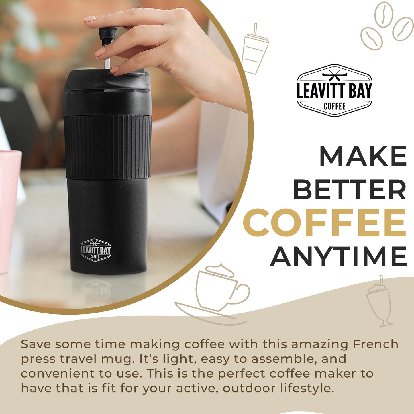 Portable French Press Travel Mug (15oz) - Stainless Steel & Double Wall Vacuum Black Coffee Maker – Single Serve French Press for Travel, Home, Office, or Camping - No Leak Coffee or Tea Press Tumbler