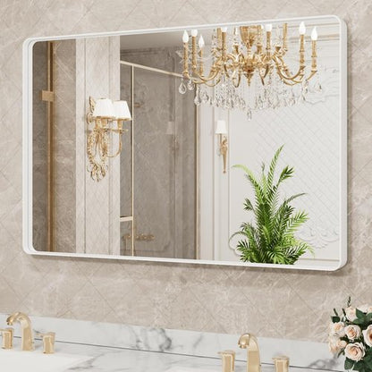 LOAAO White Metal Framed Bathroom Mirror - Large 40x36 Inch Rounded Rectangle, Anti-Rust, Tempered Glass