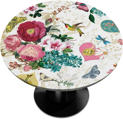Skiennix Spring Flower Round Tablecloth - Elastic Edge, Washable Polyester for 45-50" Tables | Retro Floral Design