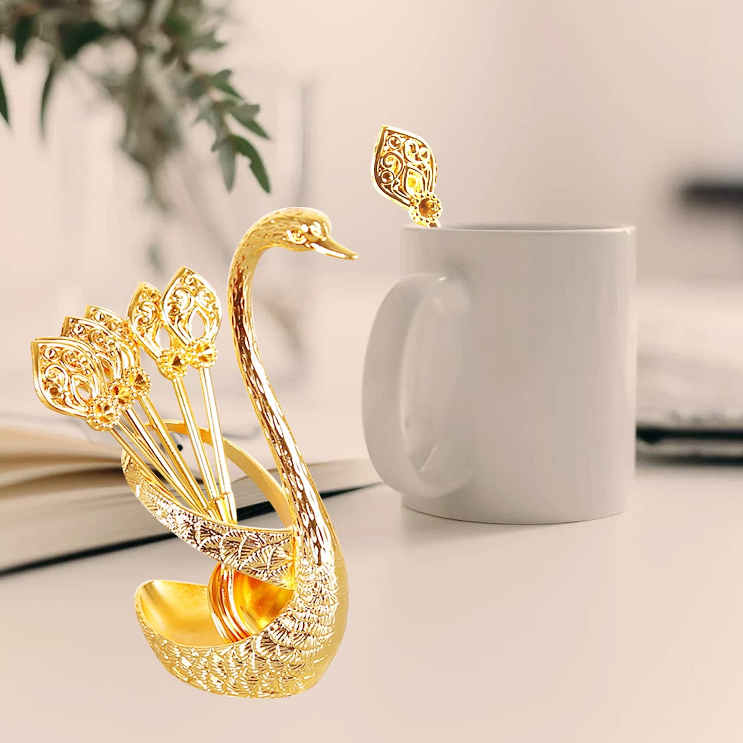 Coffee Spoon Set with Swan Base Holder, Metal Swan Base Holder Spoon Organizer with 6 Spoons, Small Delicate Spoons for Coffee Fruit Dessert Ice Cream Cake (Gold)