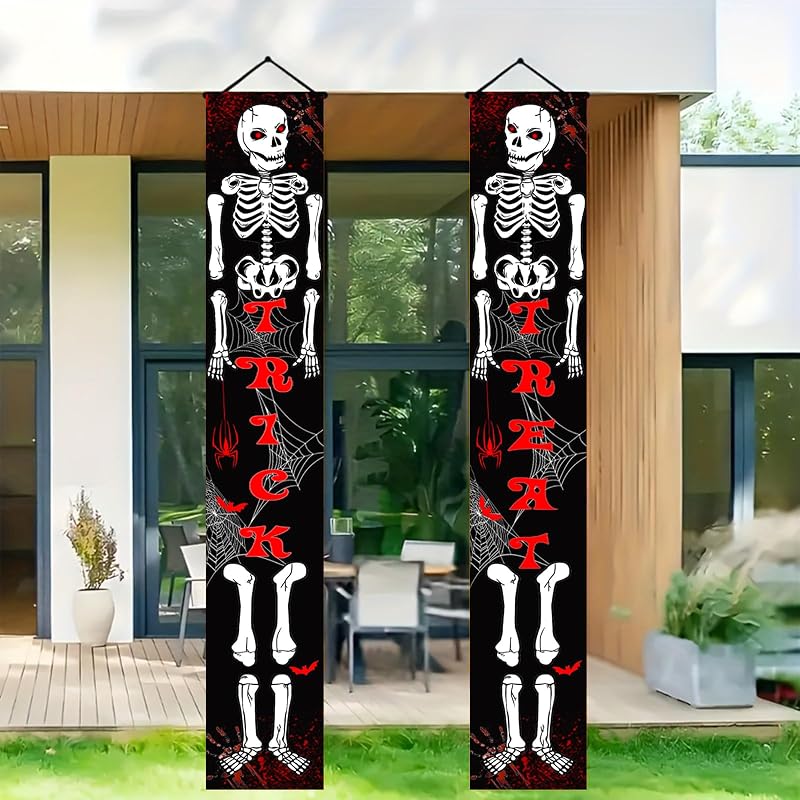 Christmas Door Banner 12x71 Welcome Sign - Halloween Skeleton Theme, Indoor/Outdoor
