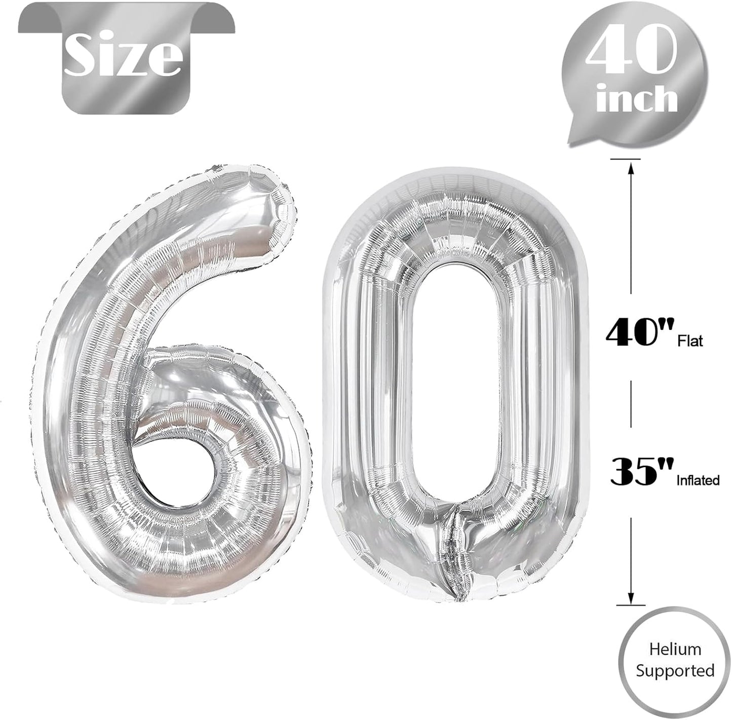 Silver Number 60 Balloon - 40 Inch 60th Birthday Decoration for Kids & Adults | Silver Party Supplies