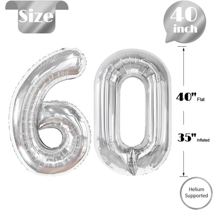 Silver Number 60 Balloon - 40 Inch 60th Birthday Decoration for Kids & Adults | Silver Party Supplies