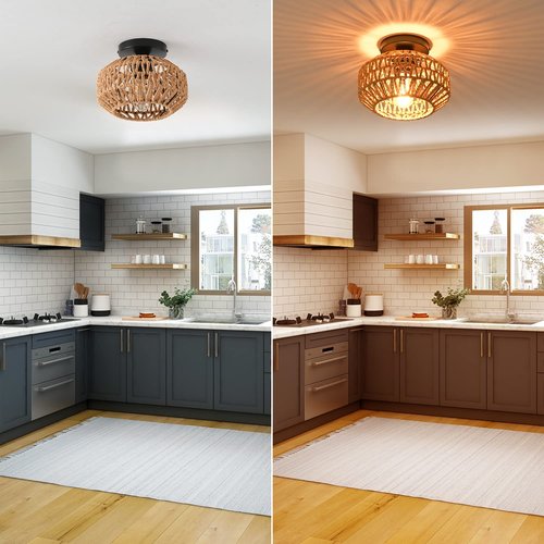 IHENGYANLT 2 Pack Farmhouse Light Fixtures Ceiling Mount,Mini Rattan Boho Semi Flush Mount Ceiling Light,Hand Woven Hallway Light Fixtures for Bedroom Entryway Nursery Study Room
