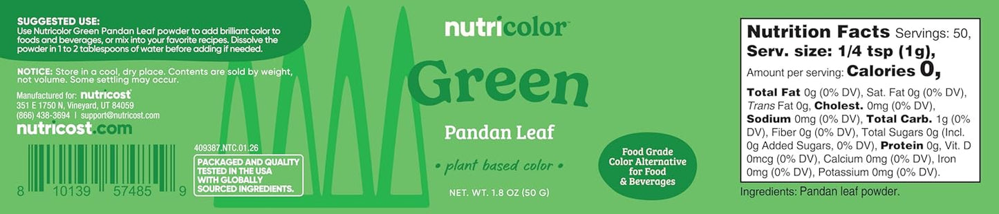 Nutricost Green Plant-Based Food Coloring - Natural Pandan Leaf Powder, 50 Servings | Ideal for Food & Beverages