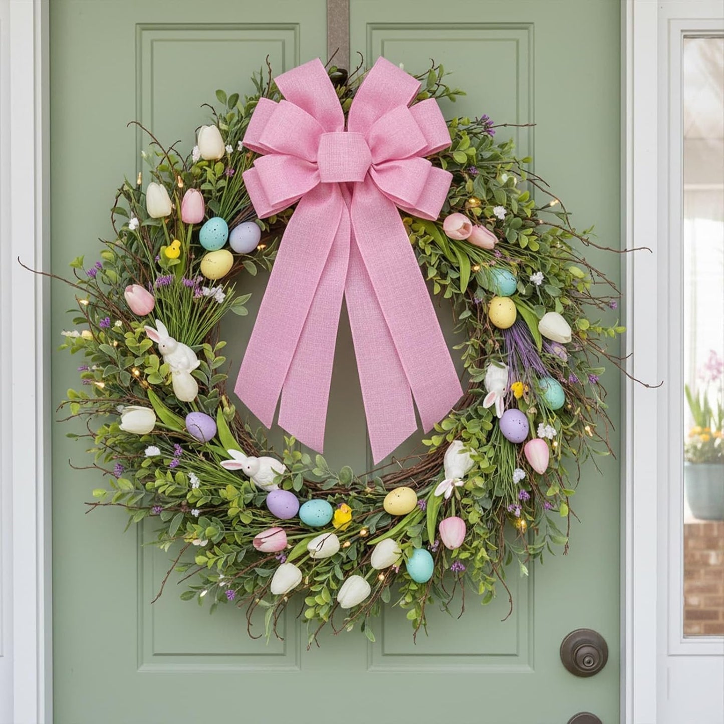Skiennix Baby Pink Large Bow - 11x21 Inch Linen Texture Wired Ribbon for Wreaths & Decor