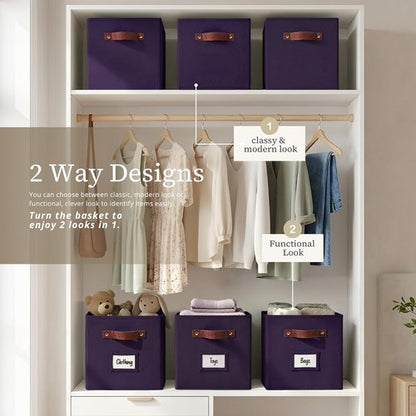DECOMOMO Storage Baskets - 13x15x13 Cube Bins with Labels for Organized Shelves | Deep Violet (Set of 4)
