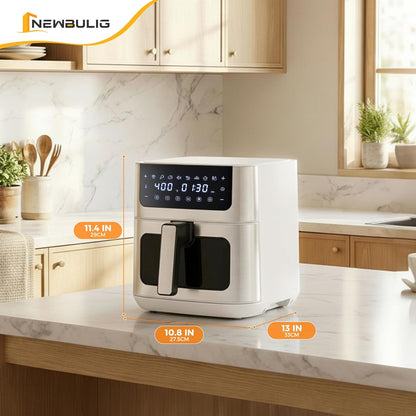 NEWBULIG Air Fryer - 6.34QT with Visible Window & Fast Heating - 8-in-1 Cooking Presets, Stainless Steel, White