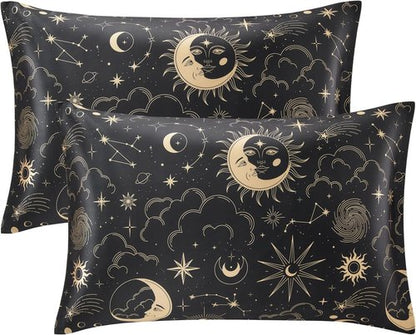 EXQ Home Satin Pillowcase Set - Black Printed Silk for Hair & Skin | Queen Size 20x30 inches - 2 Pack with Envelope Closure