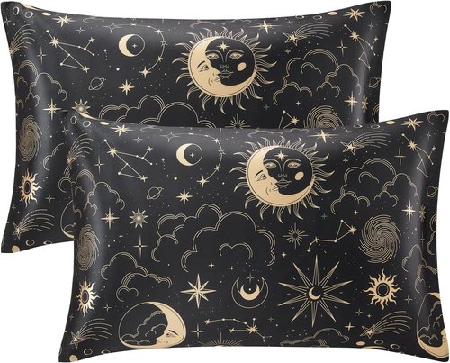 EXQ Home Satin Pillowcase Set - Black Printed Silk for Hair & Skin | Queen Size 20x30 inches - 2 Pack with Envelope Closure