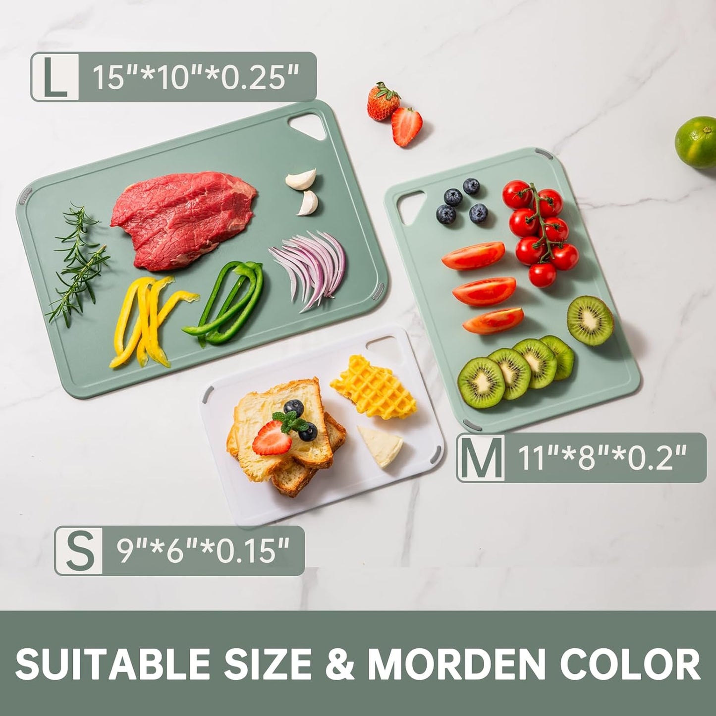 THETCHRY Plastic Cutting Board Set - BPA-Free Non-Slip Chopping Boards for Kitchen | 15"×10"×0.25" Green
