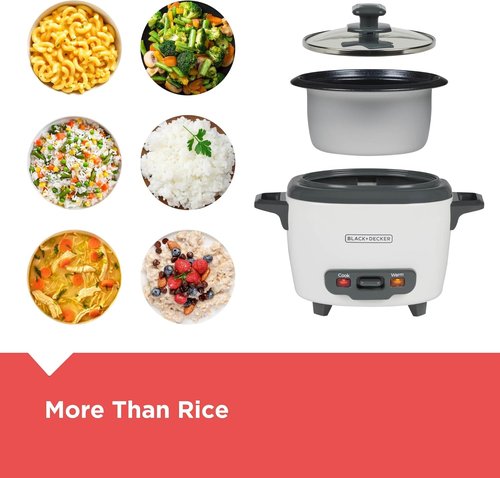 BLACK+DECKER 3-Cup Rice Cooker - One-Touch Operation, Removable Non-Stick Bowl, White Finish