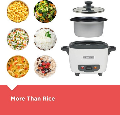 BLACK+DECKER 3-Cup Rice Cooker - One-Touch Operation, Removable Non-Stick Bowl, Steaming Basket | White