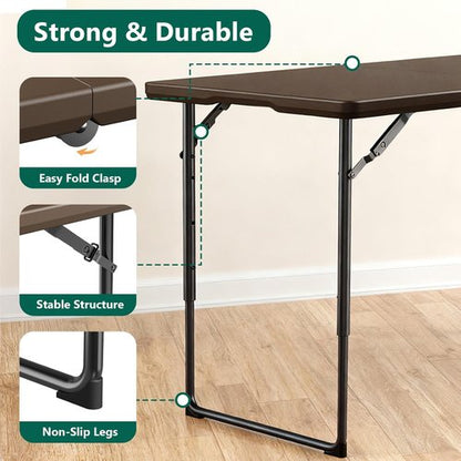 Folding Table | 4FT Heavy Duty Plastic with Handle - Portable & Foldable for Outdoor Events, Brown