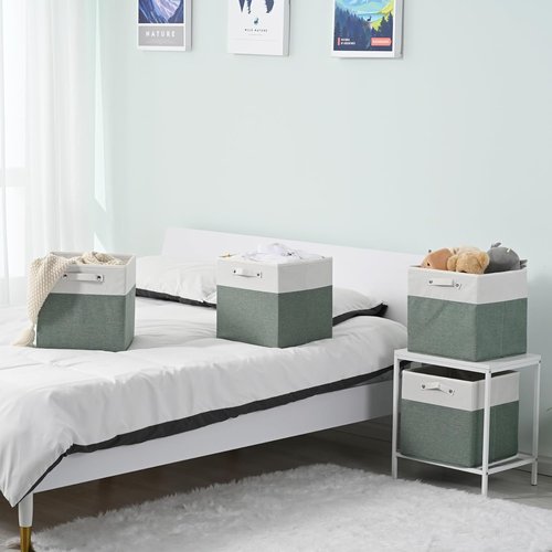 FinishingBo Storage Bins - 13x13 Inch Fine Linen Fabric Cube Organizers with Handles | White/Green - 4 Pack