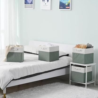 FinishingBo Storage Bins - 13x13 Inch Fine Linen Fabric Cube Organizers with Handles | White/Green - 4 Pack
