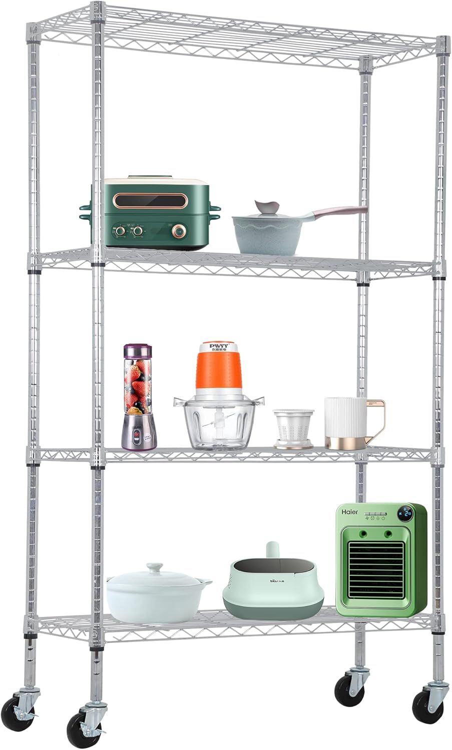 BestOffice 4-Tier Wire Storage Shelves with Wheels - Heavy-Duty Metal, Adjustable Racks | 36x14x62 | Chrome Finish, Holds Up to 500 lbs | Easy No-Tool Assembly for Home & Garage