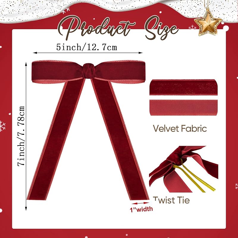 Artmag 24 Pcs Velvet Christmas Bows 5x7 in Burgundy - Rustic Wreath & Gift Decoration (Variation: Burgundy+5 x 7 Inch, Width 1")