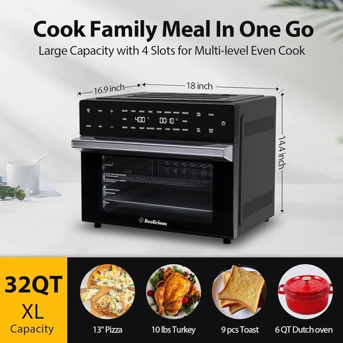 Beelicious 32QT Extra Large Air Fryer - 19-in-1 Toaster Oven Combo with Rotisserie & Dehydrator, Black