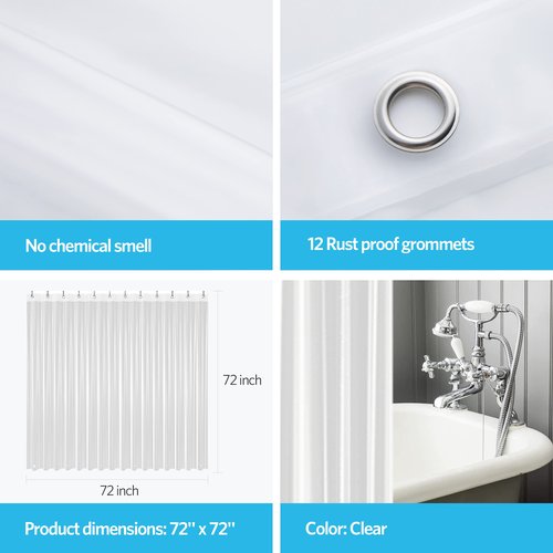 EHZNZIE Clear Shower Curtain Liner Light Weight PEVA, Shower Liner 72x72 Inches, Waterproof, No Chemical Smell with 12 Rust Proof Metal Grommets Holes for Bathroom Shower Curtain