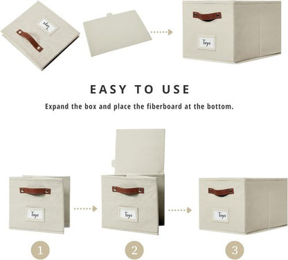 DECOMOMO Storage Baskets - Large 15"x11"x10" Foldable Fabric Organizing Bins with Labels | Beige, 4-Pack