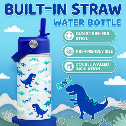 SANDJEST Dinosaur Insulated Stainless Steel Water Bottle - 12 oz Thermos for Kids & Teens | Perfect for School & Sports