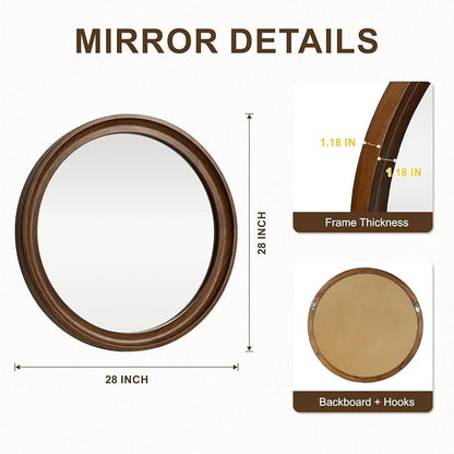 Round Wood Mirror 28" Circle Mirror with Walnut Frame - Contemporary Wall Decor