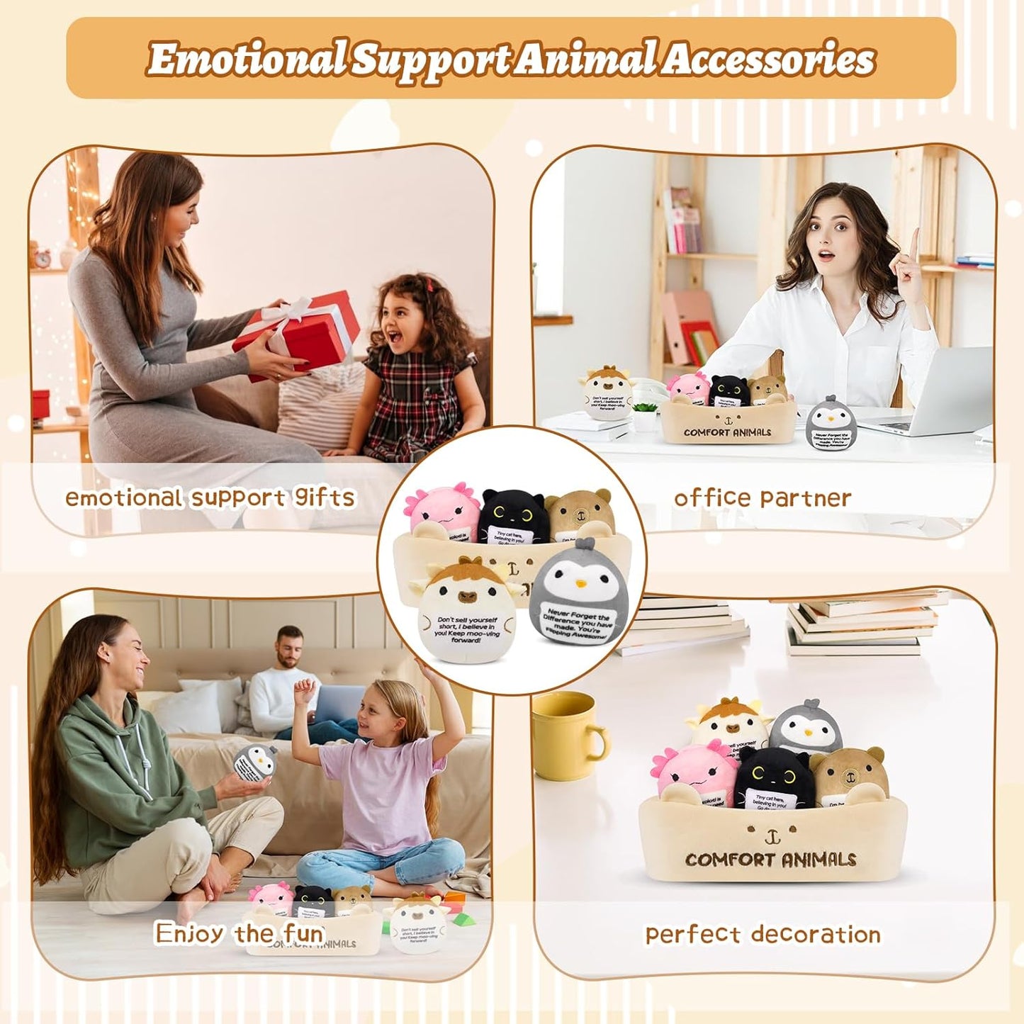 Skiennix Emotional Support Plush Animal Set - 6 Cute Stuffed Animals with Positive Messages | Soft Plushies for Kids & Adults