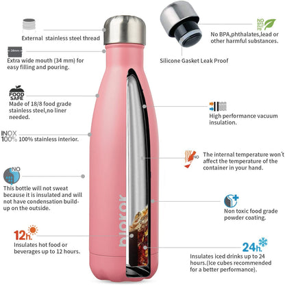 BJPKPK Insulated Water Bottles -17oz/500ml -Stainless Steel Water bottles,Sports water bottles Keep cold for 24 Hours and hot for 12 Hours,BPA Free water bottles,Light Pink