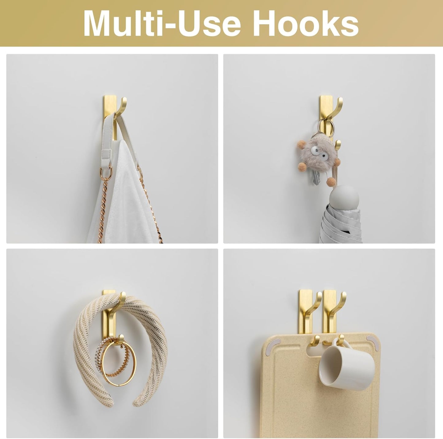 Pickpiff Adhesive Wall Coat Hooks - Heavy-Duty Metal Hangers for Towels, Bags, and Clothes - Gold, 4 Pack