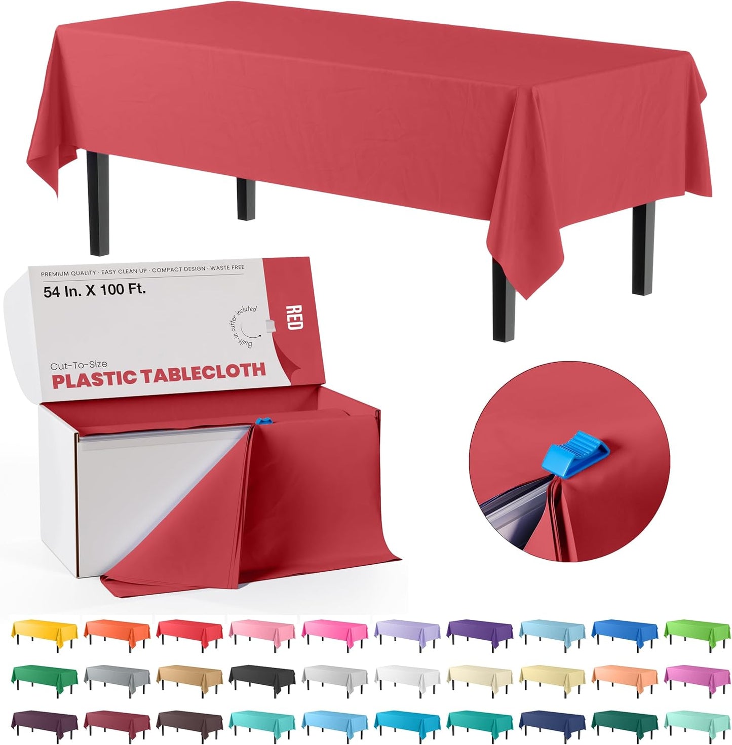 Party Solids Red Plastic Table Cover Roll - 54 Inch x 100 Feet with Slide Cutter | Cuts Up to 12 Tables