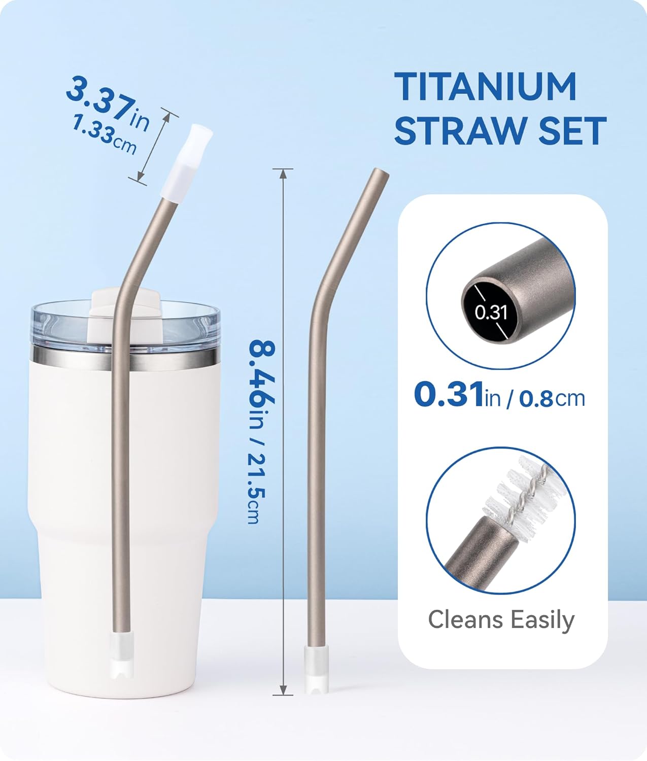 Titanium Straws by Heavy-Duty - Reusable 8.5" Metal Straws for 20 oz Tumblers | Eco-Friendly, BPA-Free with Cleaning Brush