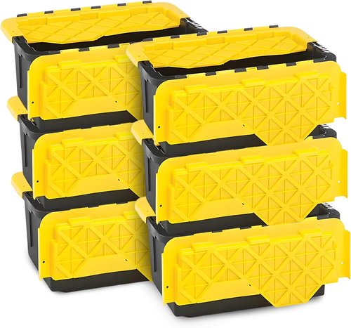HOMZ 6-Pack Heavy Duty Plastic Storage Bins - 15 Gallon Stackable Totes with Lids, Black/Yellow
