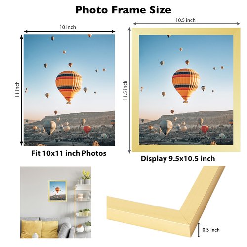 JCJMY 10x11 Picture Frame Gold for Wall Hanging, Wall Mounting Horizontally or Vertically, 10 x 11 Wall Gallery Poster Photo Frame with Shatter Resistant Plexiglass, Gold