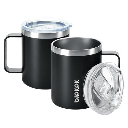 BJPKPK Insulated Coffee Mugs - 14oz Stainless Steel Tumblers with Splash-Proof Lid | Black, Set of 2