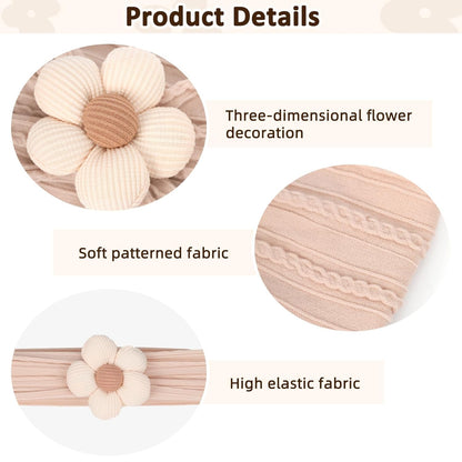 MIUXUESO Baby Flower Headbands - Soft Nylon Hair Accessories for Newborns & Toddlers | 3 Pcs Set (Yellow, Pink, Brown)