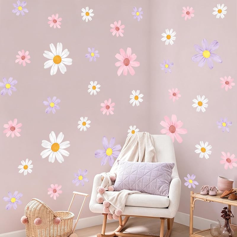 Tanlaby 9 Sheets Daisy Wall Decals – Watercolor Floral Stickers, Pink White Purple Variation