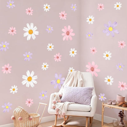Tanlaby 9 Sheets Daisy Wall Decals – Watercolor Floral Stickers, Pink White Purple Variation