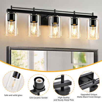 5-Light Modern Bathroom Light Fixtures: Black Vanity Light with Clear Glass Shade, Bath Vintage Wall Mounted Lamps for Mirror