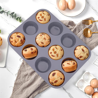 Skiennix Silicone Muffin Pan - Nonstick 12-Cup Bakeware Set for Muffins, Tarts & Bread - 3 Pack