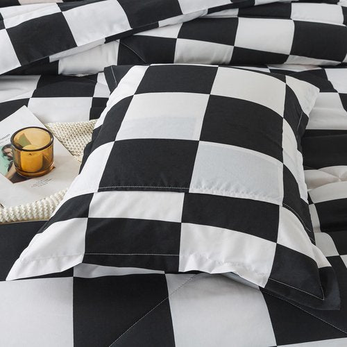 Caressma Black White Plaid Comforter Set King Size, Buffalo Check Plaid Comforter Bedding Set for All Seasons, Farmhouse Soft Microfiber Comforter with Pillowshams
