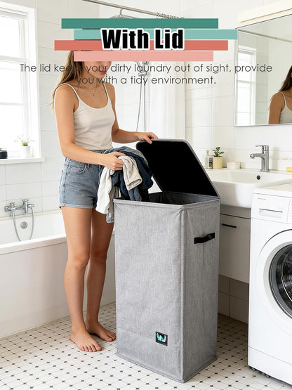 WTREE Laundry Hamper - Sturdy 100L Collapsible Basket with Lid & Removable Liner - Grey