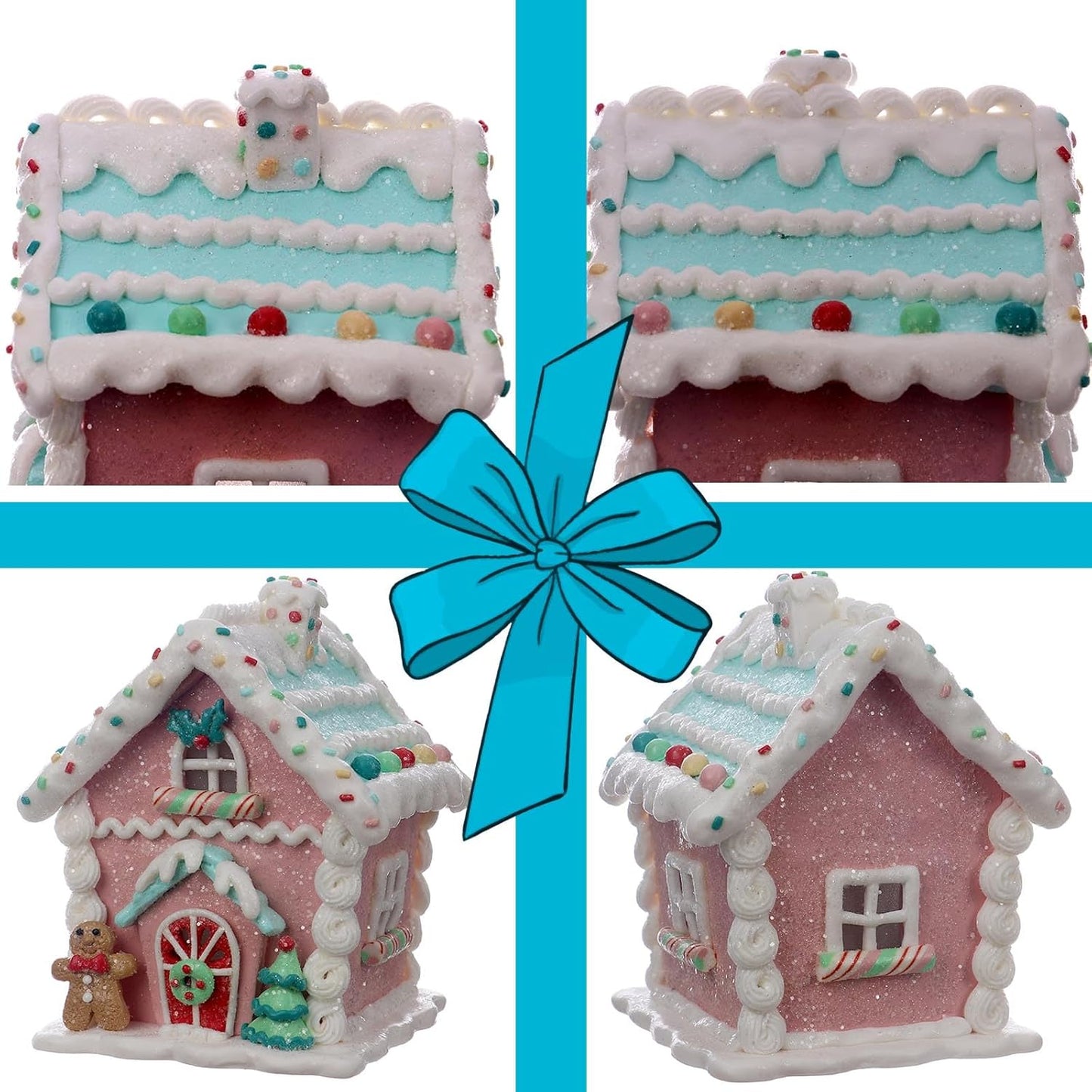 Skiennix LED Gingerbread House Christmas Decorations - 5.9" Ornaments with Gingerbread Cookie & Pine Tree