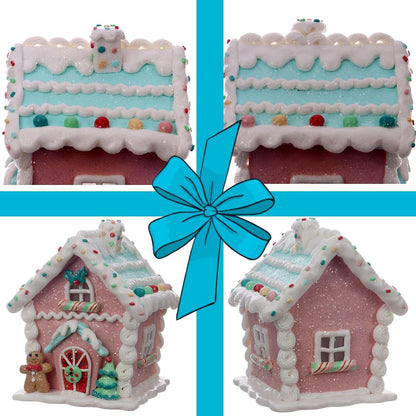 Skiennix LED Gingerbread House Christmas Decorations - 5.9" Ornaments with Gingerbread Cookie & Pine Tree