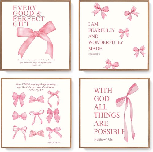 LARTSFRO Coquette Pink Bow Wall Art Decor - Aesthetic Posters for Teen Girls | Set of 4 Unframed 10x10 Inch
