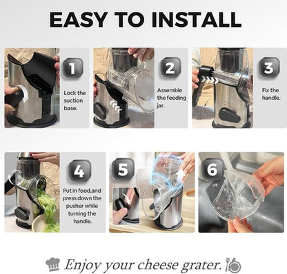 Airpro Rotary Cheese Grater - Versatile Vegetable Shredder with 3 Stainless Steel Blades & Suction Base