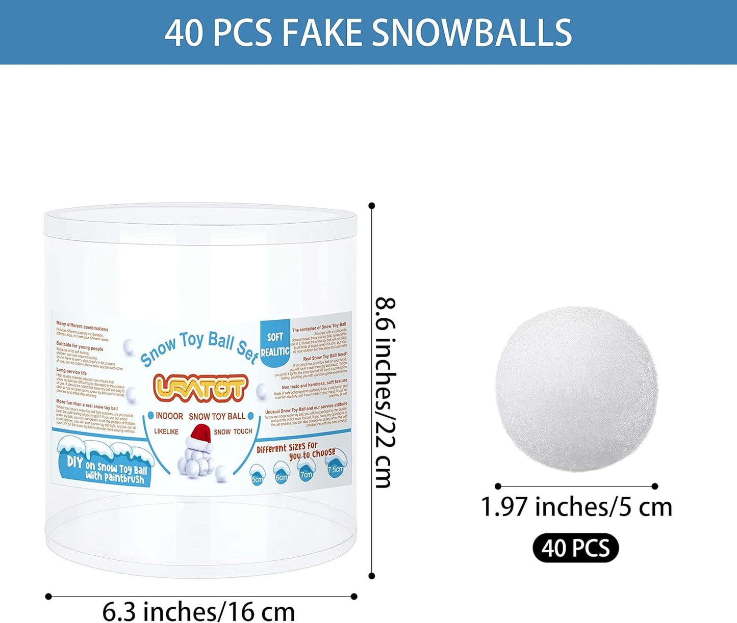 URATOT Snow Toy Balls - 40 Pack Plush Fake Snowballs for Indoor Winter Fun | Soft & Safe for Kids